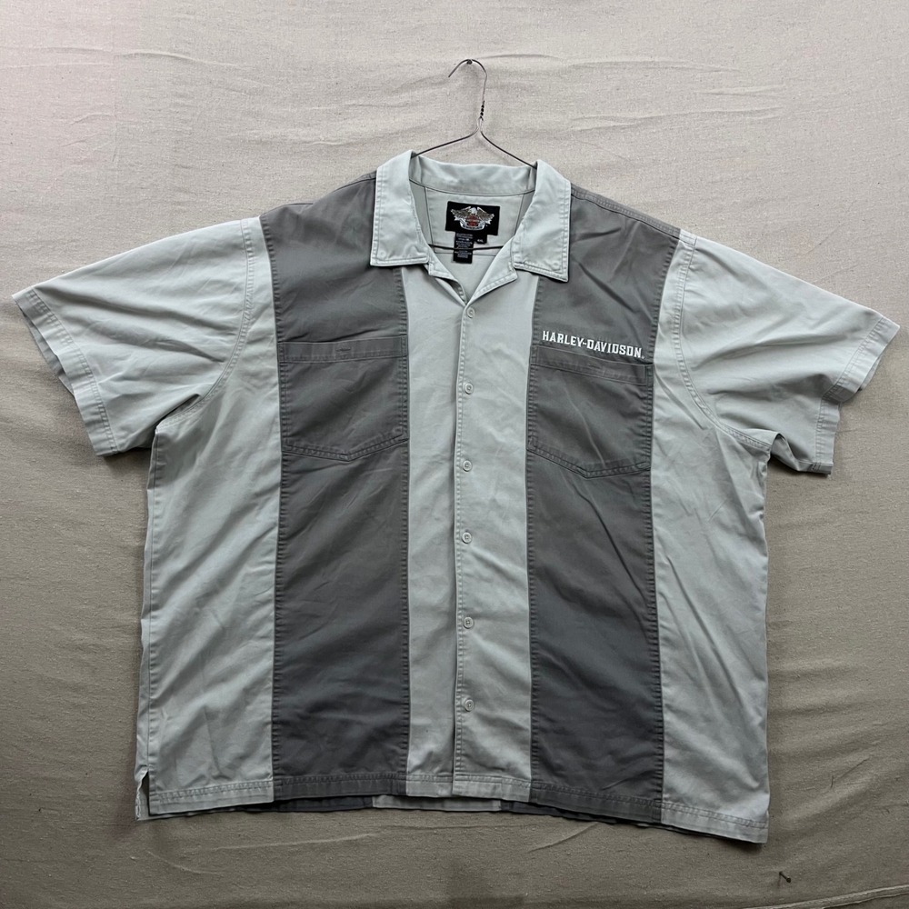 Harley-Davidson Button Up Shirt Mens 4XL Grey Colorblock Bowling Short Sleeve